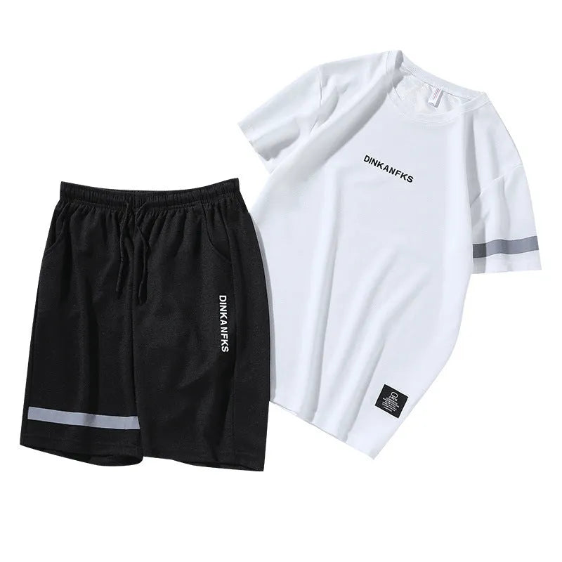 Men's sports suit two-piece set with short-sleeved T-shirt and shorts in polyester fabric, available in black, grey, white, yellow