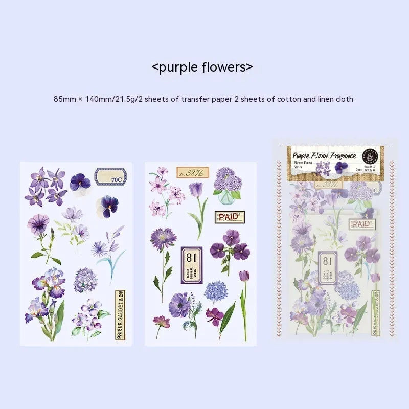 A5 forest art sticker set showing six colour designs on cotton linen transfer paper