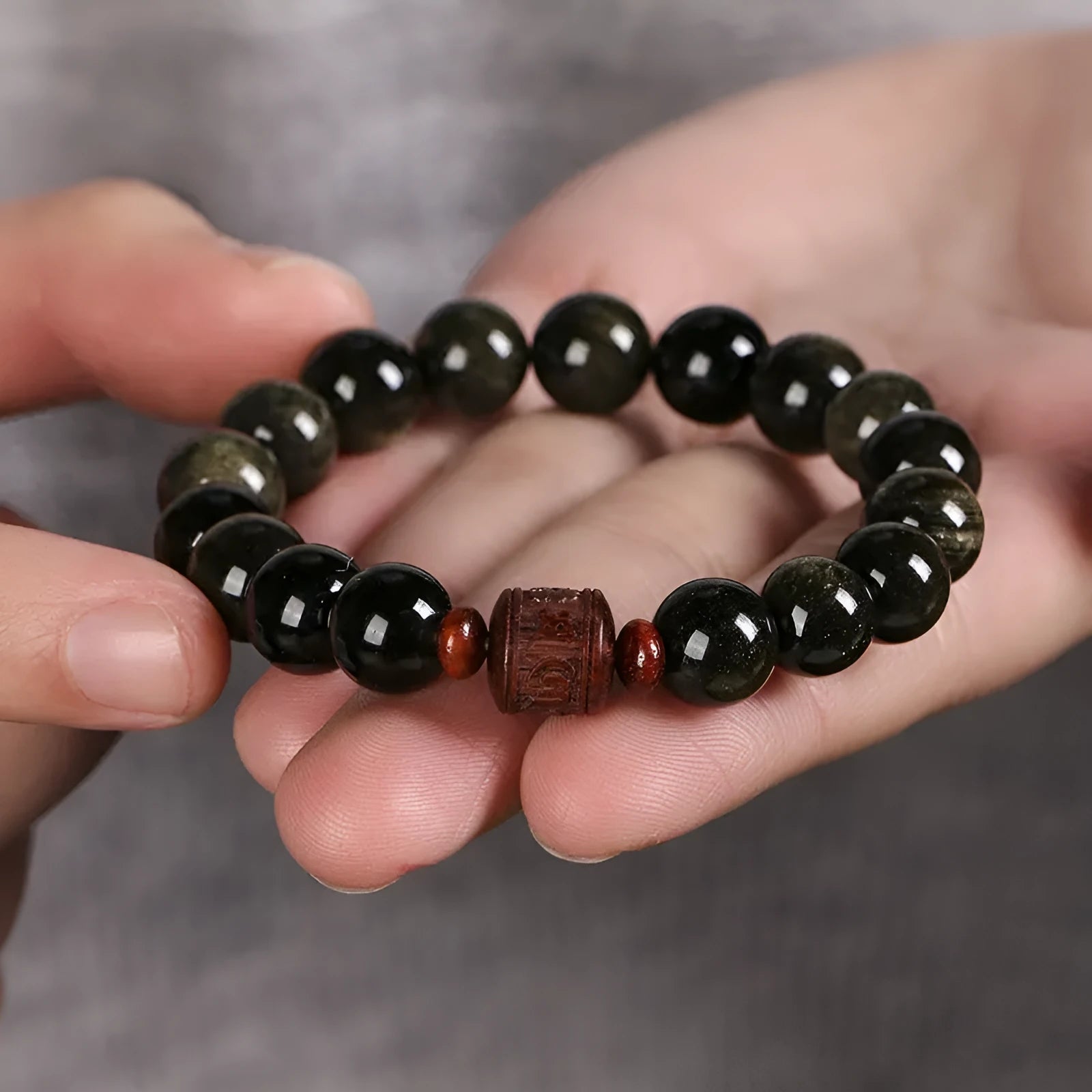 Hand-woven golden obsidian vintage bracelet with 10mm round beads