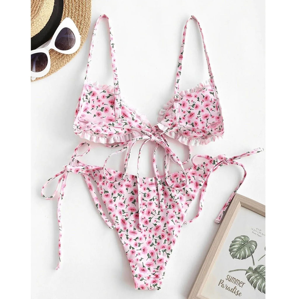 Women's printed multi-rope banded bikini swimsuit with lapel collar and short sleeves
