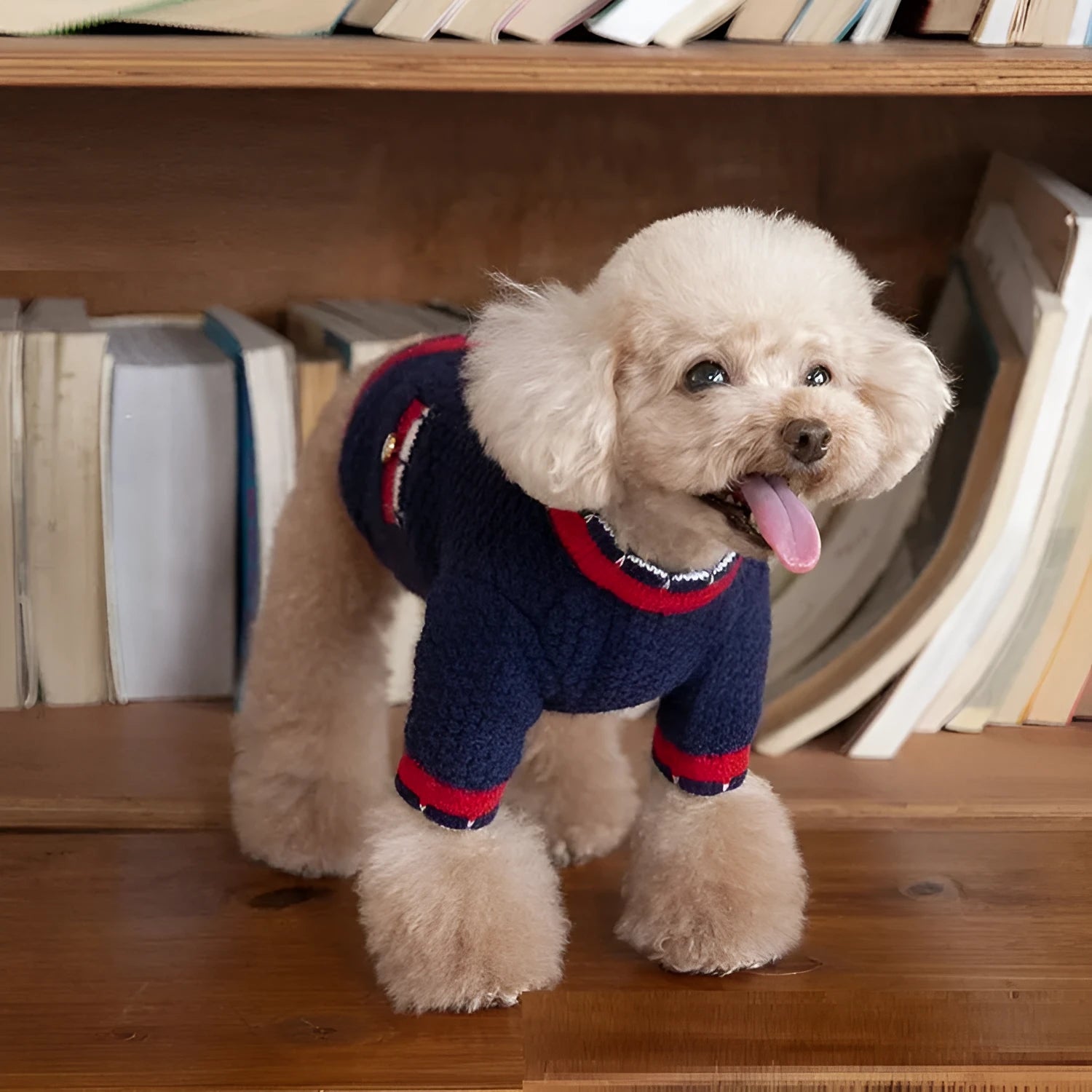 Blue classic style dog cardigan sweater with princess design on mannequin