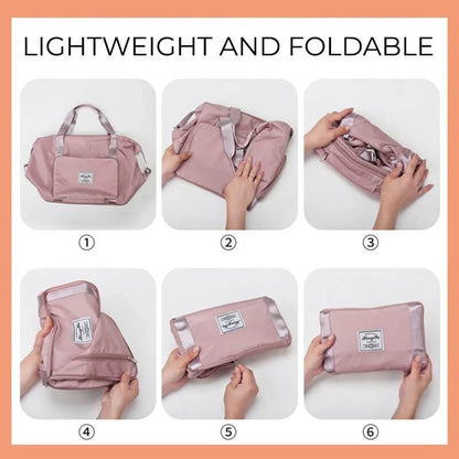 Versatile foldable travel bag for women with waterproof and spacious design, featuring various interior pockets and carrying options.