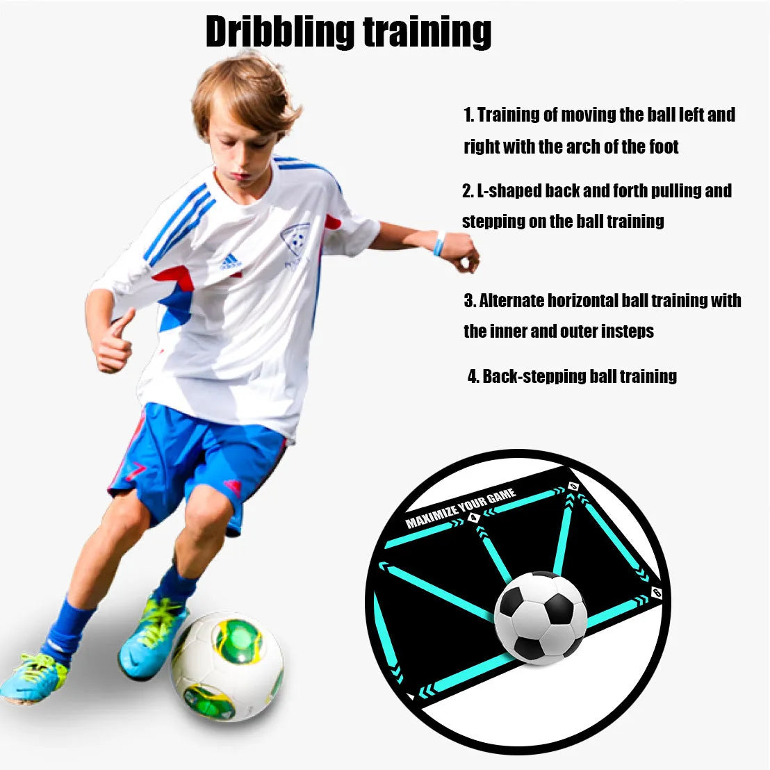 Black rectangular football training mat on grass for non-slip skills practice
