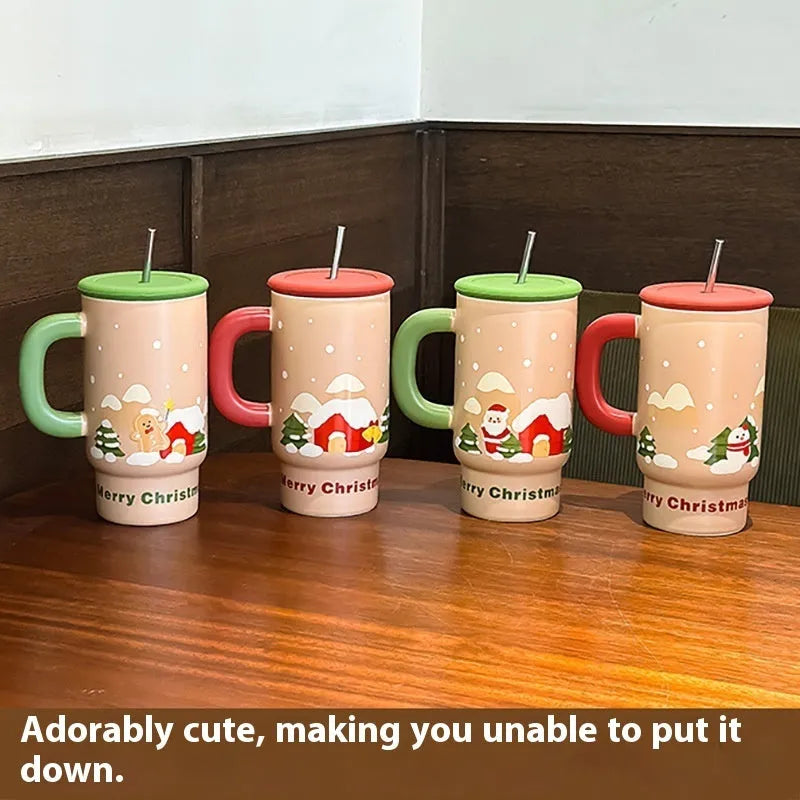 800ml white porcelain Christmas ceramic mug with cartoon pattern, cylindrical single-layer shape, microwave safe