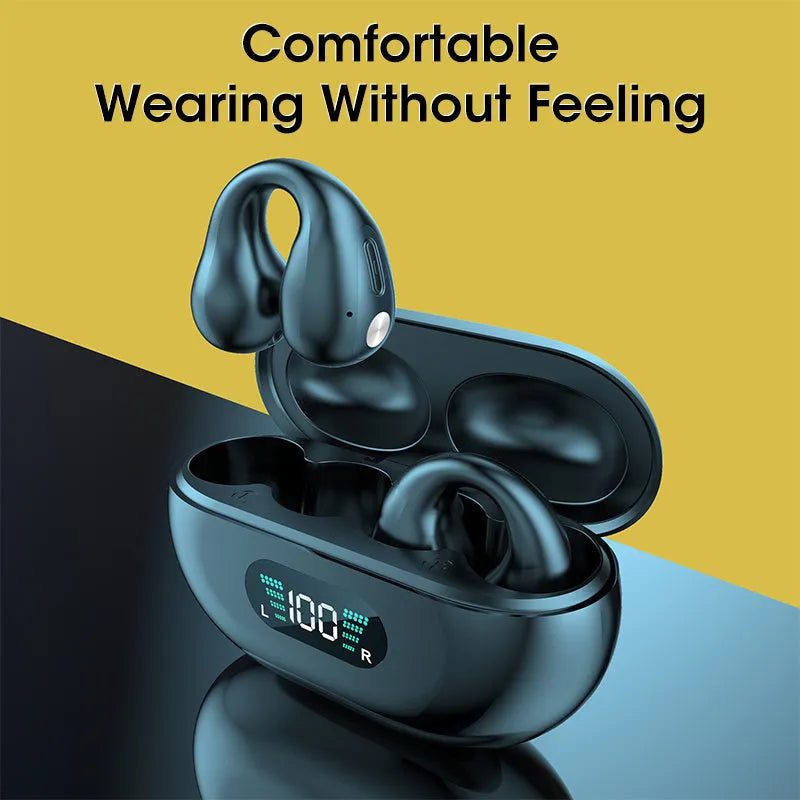 Q80 clip bone conduction Bluetooth headset in black, white, or khaki, showing ear clip design.