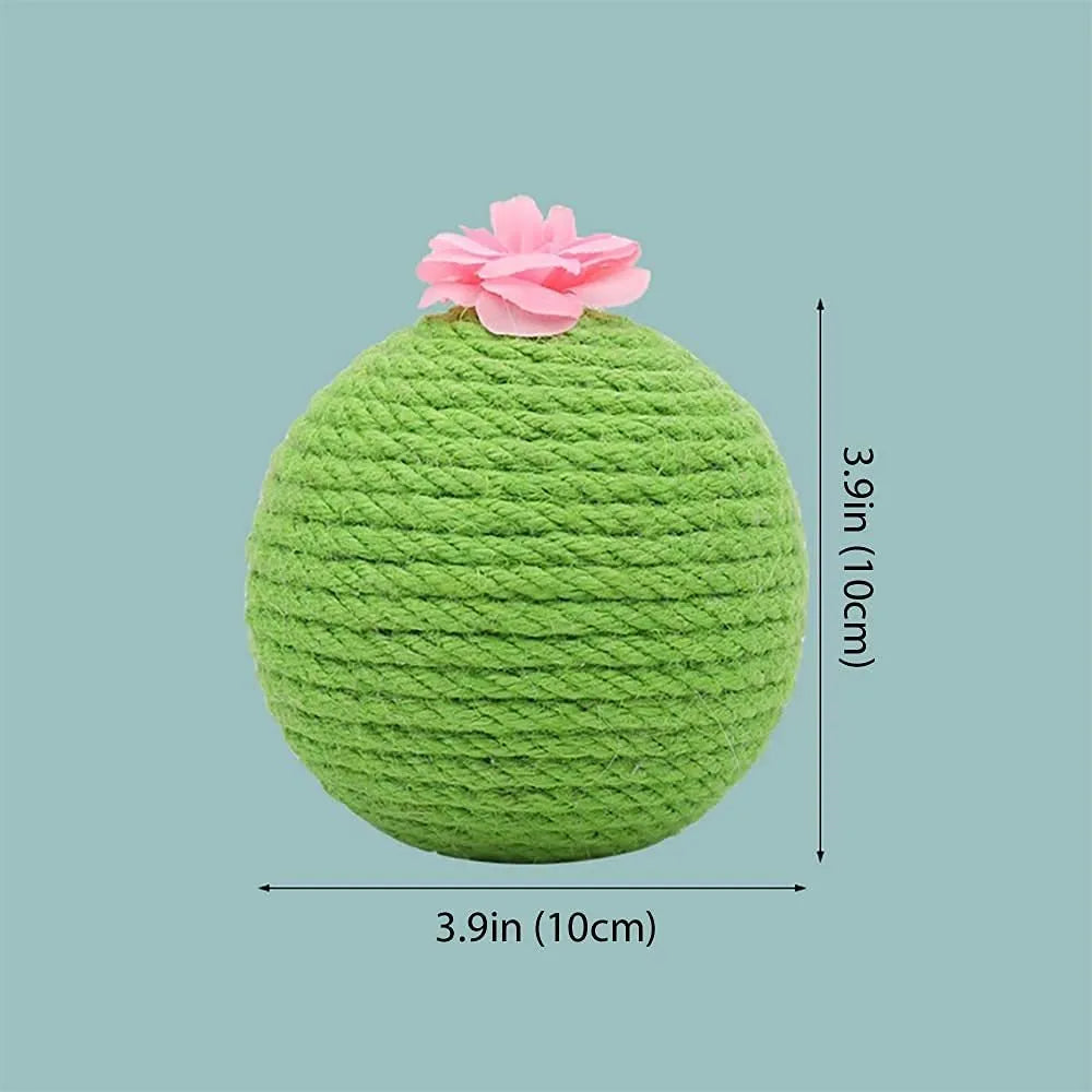 Green cactus-shaped cat scratcher with sisal scratching surfaces and attached tumbler balls containing catnip toys