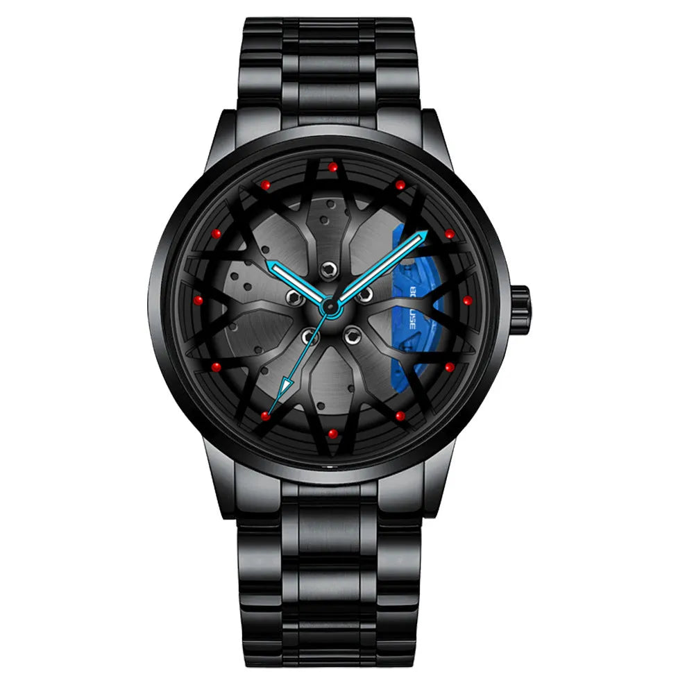 Men's waterproof luminous quartz watch with black steel red colour and 12mm stainless steel case on a white background