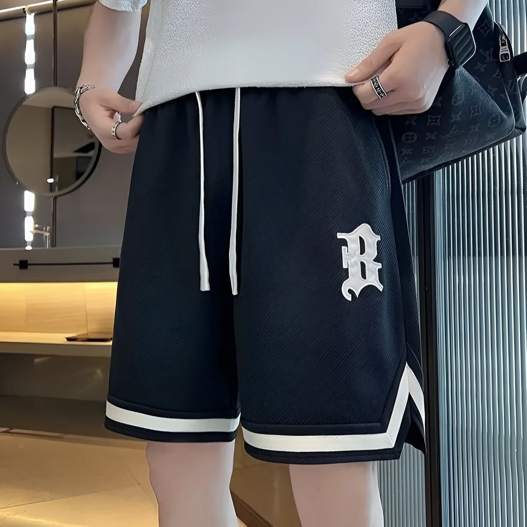 Men's loose straight sports shorts with drawstring low waist in white, black, green, blue or grey, sizes M to 3XL