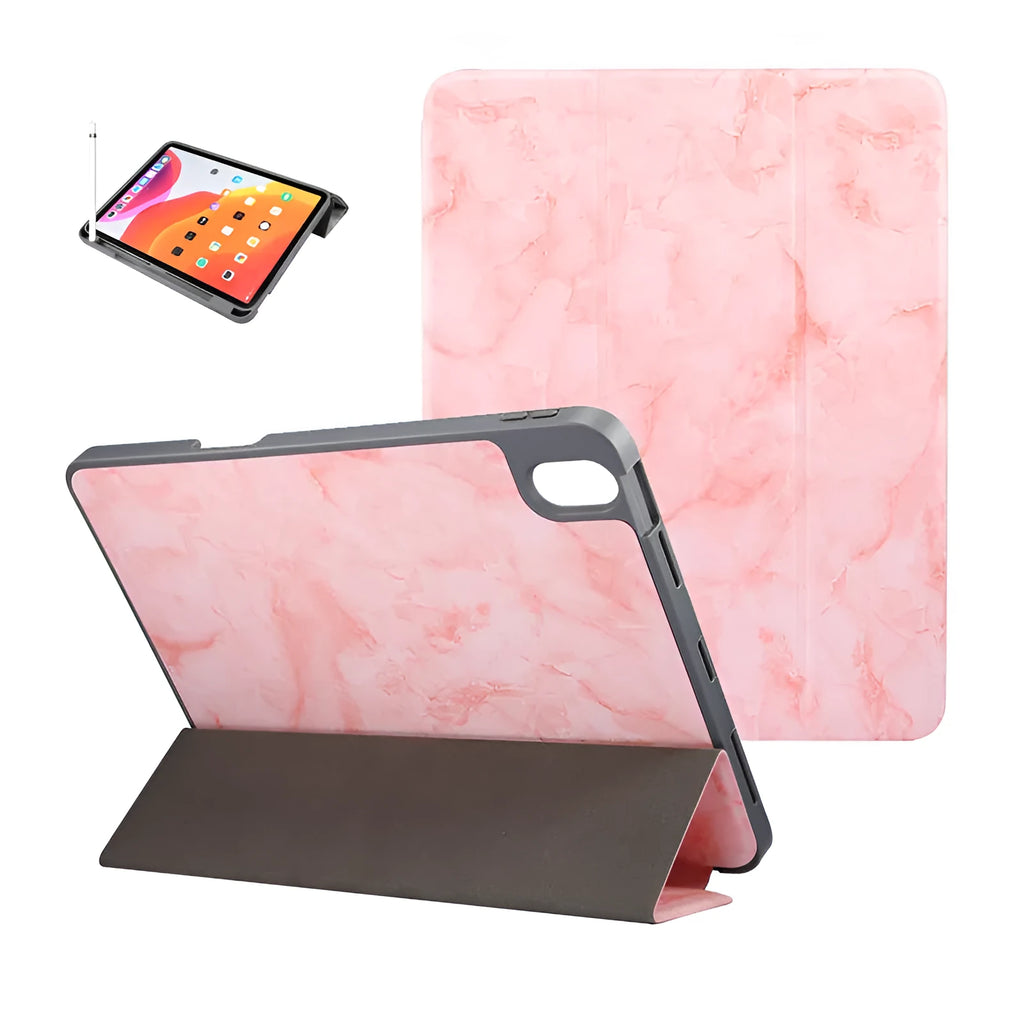 Tri-fold marbled imitation leather iPad case with a visible pen slot, shown in dark grey.