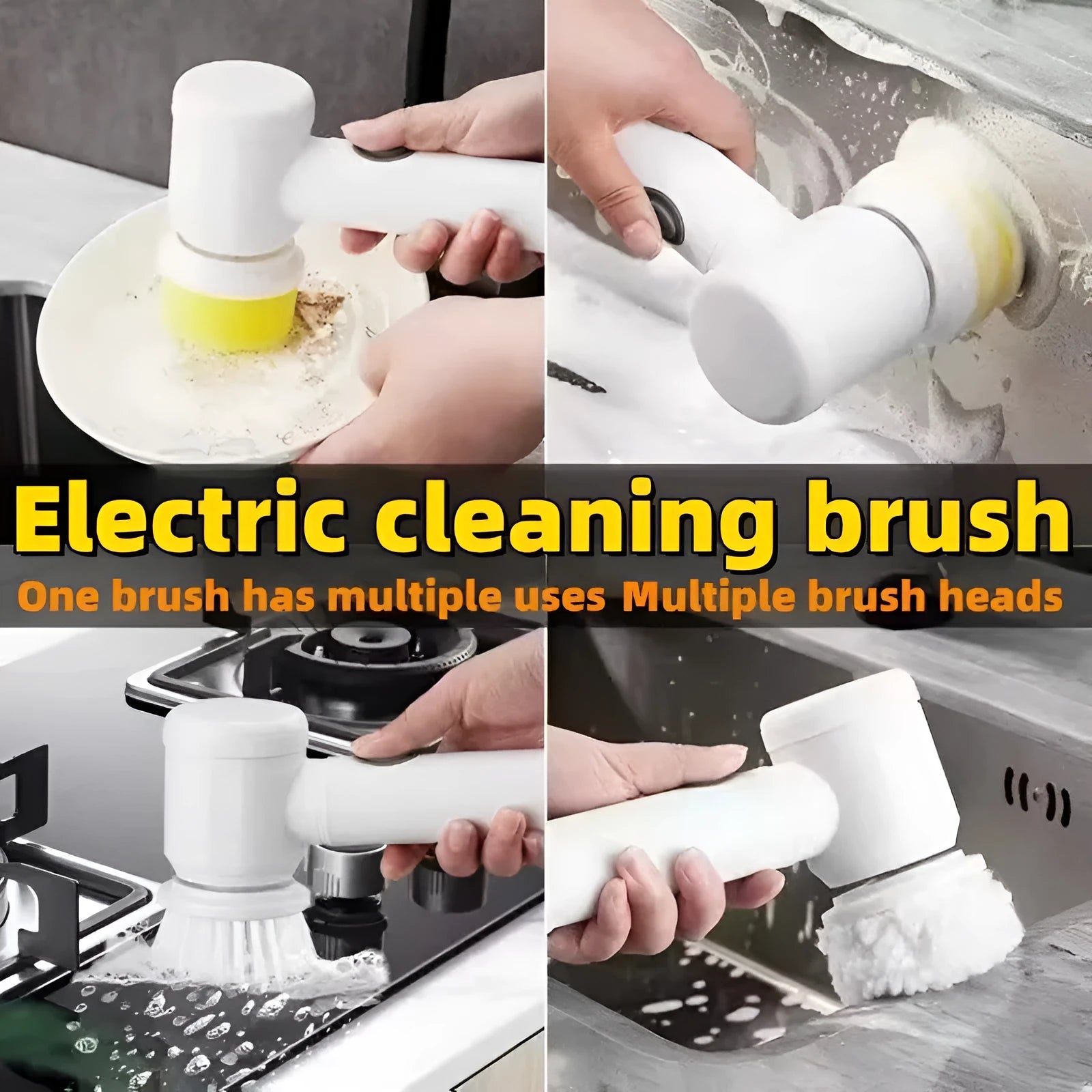 White electric cleaning brush with three interchangeable nylon heads for bathtub and household cleaning