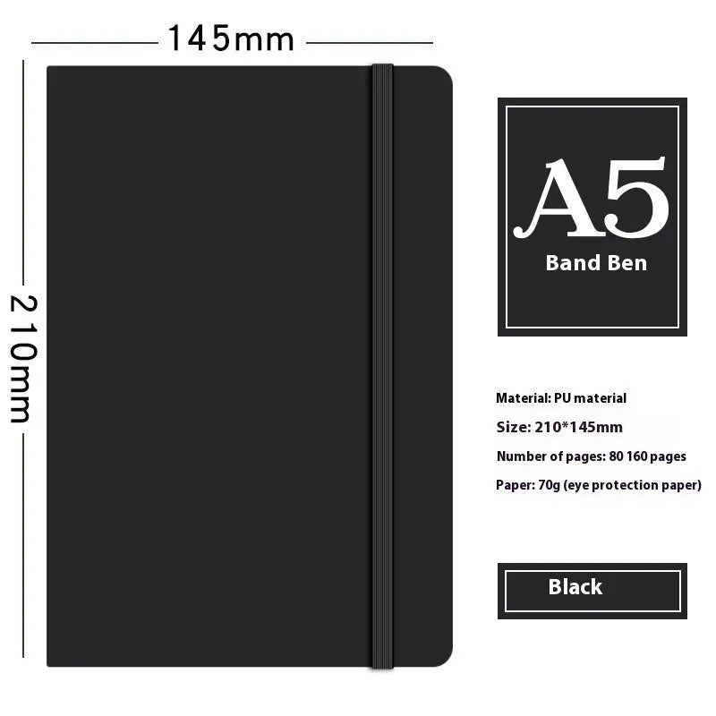 A5 faux leather notebook in blue with strap and pen insert, 200 pages, lying flat