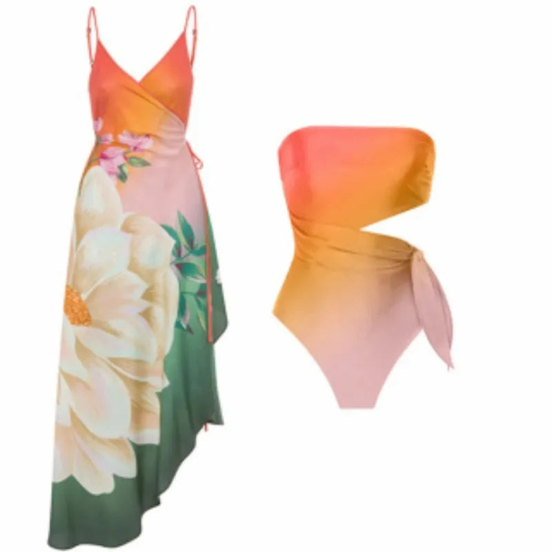 Women's French-style retro printed one-piece swimsuit in quick-dry polyester fabric
