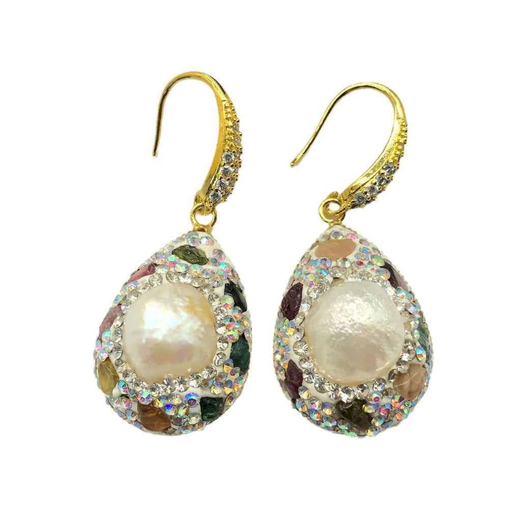 Natural freshwater pearl teardrop earrings for women with copper setting and colourful diamond inlay