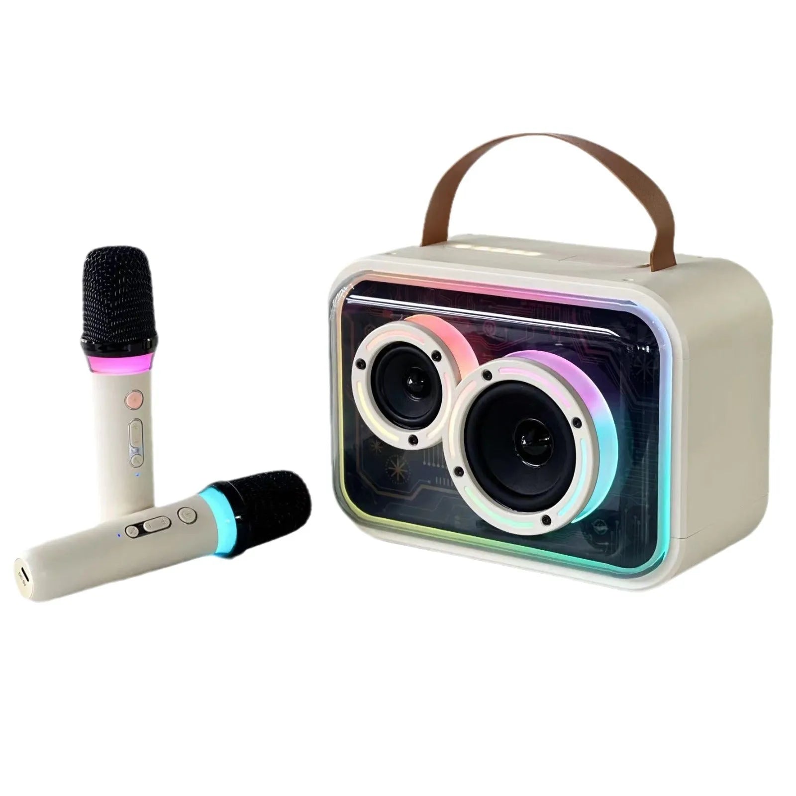 Light yellow and black portable Bluetooth karaoke speaker with RGB lights and microphone.
