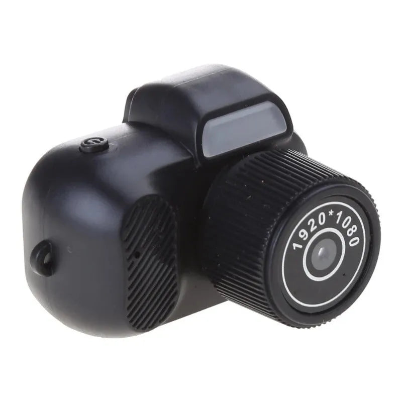 Black retro mini camera with screen displaying 1080p HD video recording capability