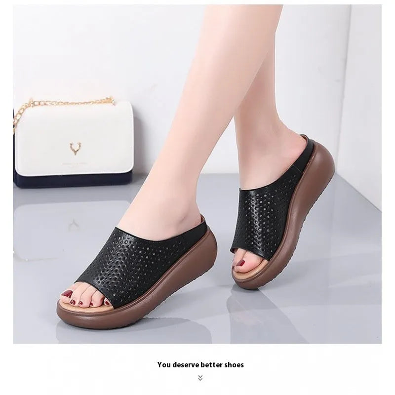 Peep toe platform heel women's slippers with ethnic pattern, PU upper, rubber sole, beige colour