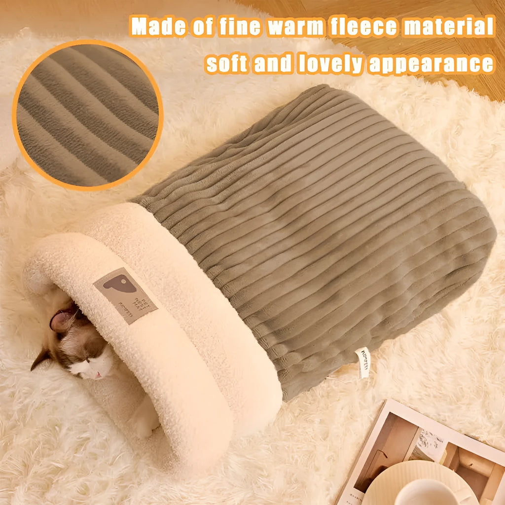Brown semi-enclosed pet sleeping bag with plush interior for cats and dogs