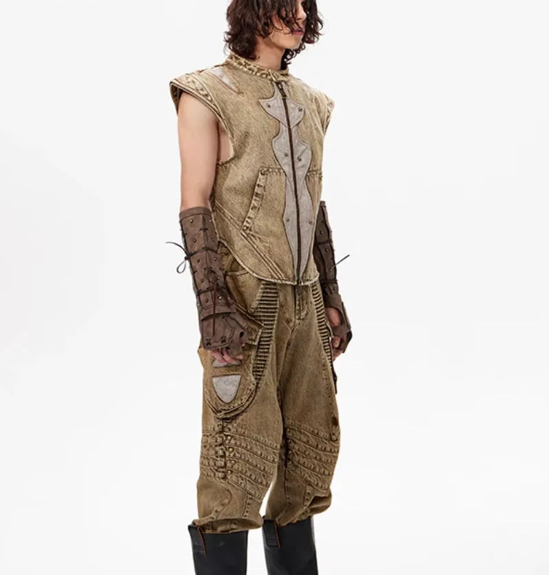 Men's Korean style denim vest with pleated detailing in picture colour
