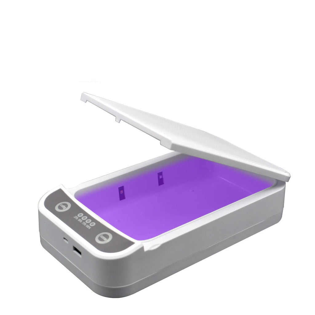 White plastic UV disinfection box open, showing internal chamber and UV lamps for sanitising phones.