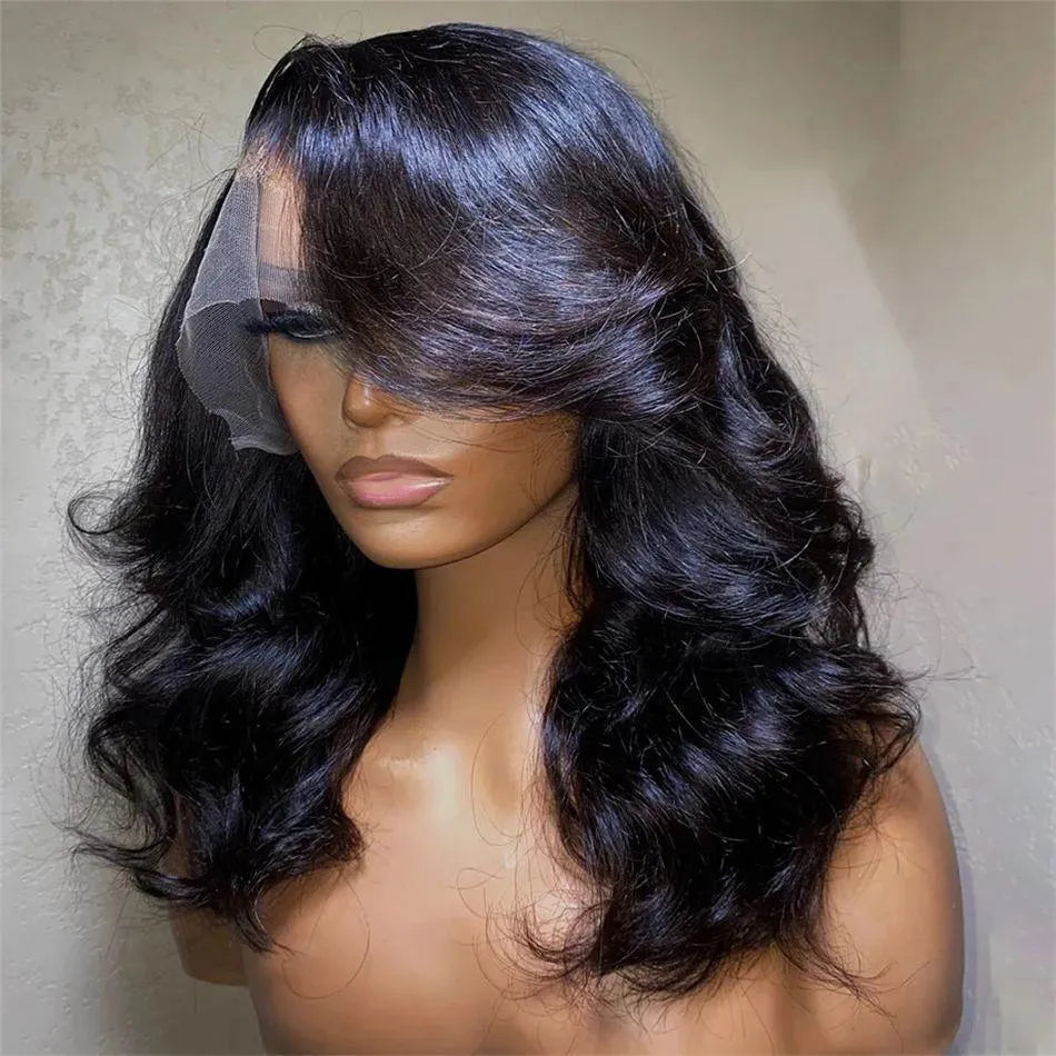 Women's black solid colour transparent lace forehead wig with short curly hair
