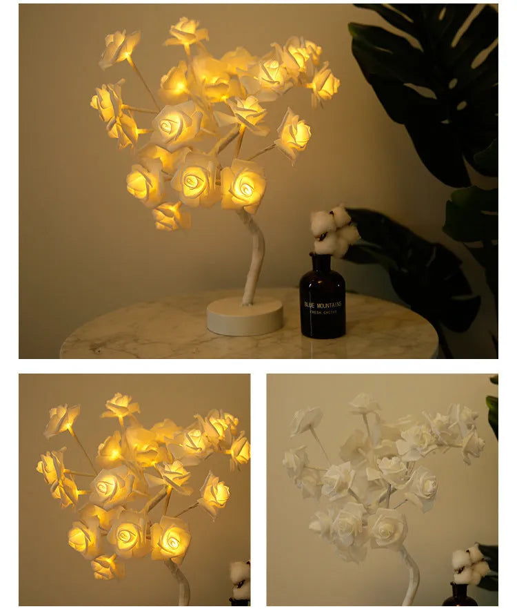 White and red rose flower LED table lamp with bonsai tree and garland lights on a table.