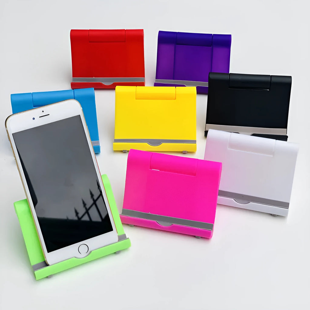 Folding phone and tablet stand in PP and TPR, about 10cm by 8cm by 2cm, in eight colours