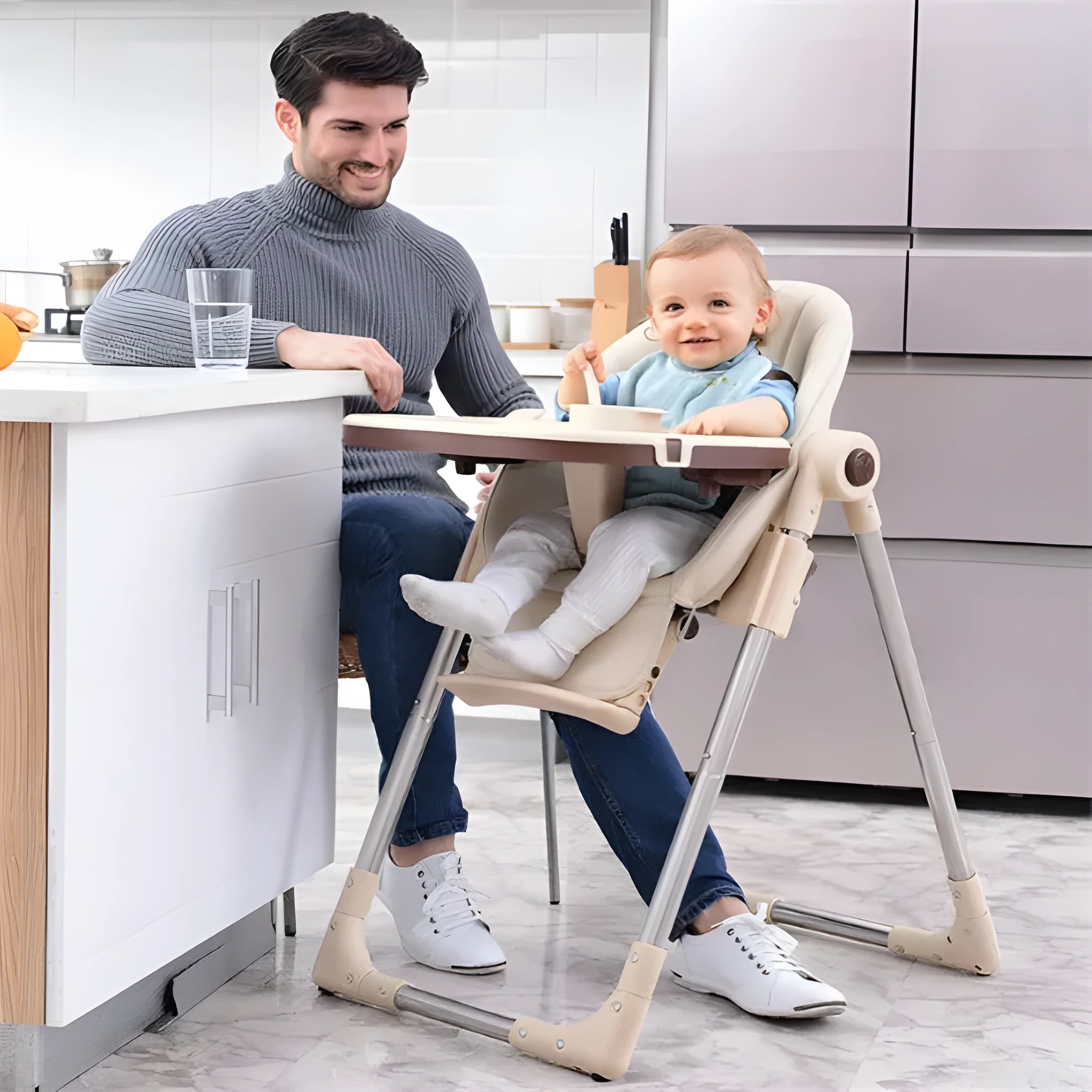Sky blue portable baby chair for toddlers on a wooden floor.
