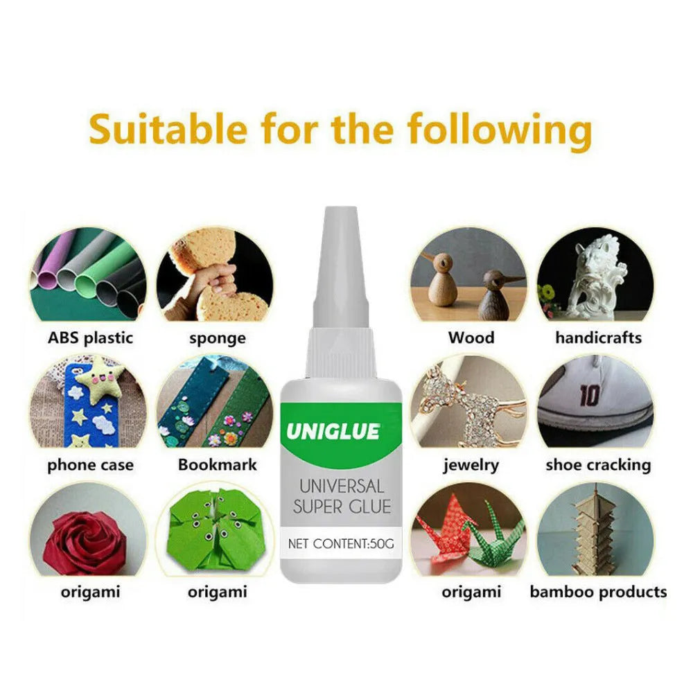 Bottle of Uniglue Universal Super Glue with pinpoint nozzle for precise application.