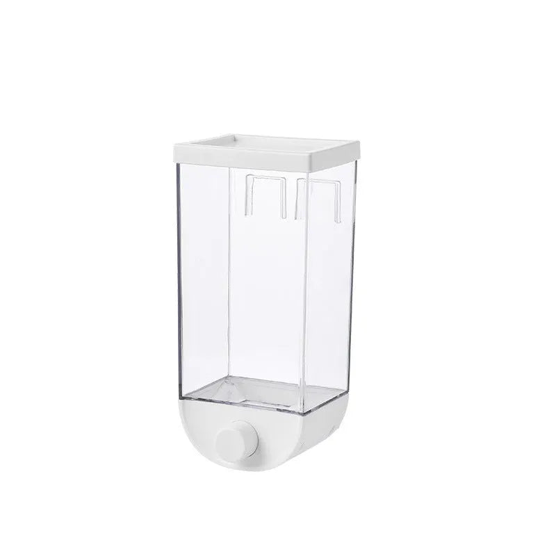 White transparent ABS kitchen food storage container with easy-press cereal dispenser and wall mount brackets