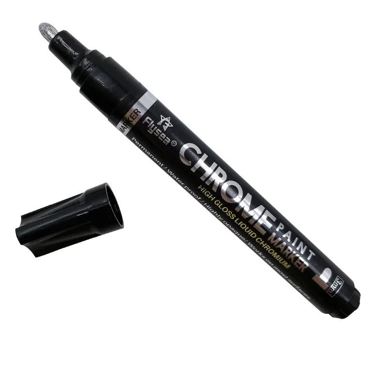 Flysea chrome-plated mirror finish paint pen with 3.0mm tip for writing on metal, glass, and other hard surfaces.