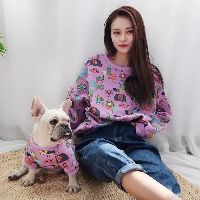 Cotton parent and child matching clothing for cats and dogs in black, purple, or yellow, sizes S to 4XL.