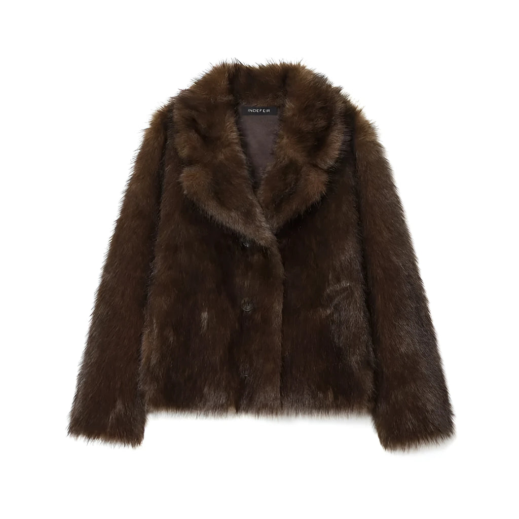 Brown women's double-sided faux fur effect jacket coat with faux fur collar, long sleeves, 50cm length, sizes XS to L