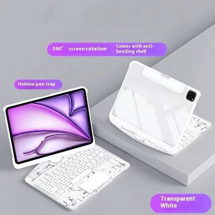 Versatile 360-degree swivel keyboard case with transparent backplate, scissor-style keys, and integrated trackpad for iPad