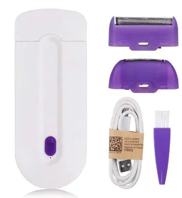 White electric hair removal shaver with foil head and trimmer head attachment on a blue background.