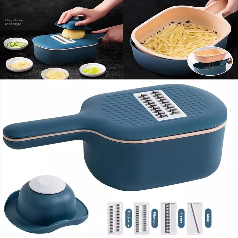Dark blue manual vegetable cutter with four stainless steel blades, a hand protection guard, and a drain basket on a kitchen counter.
