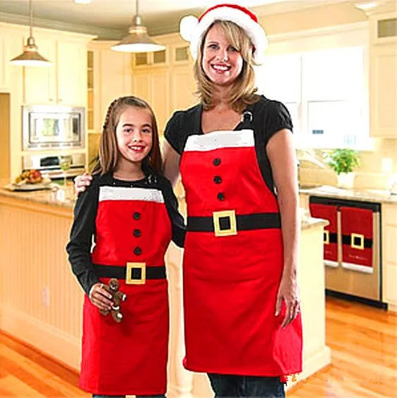Red Christmas apron for adults and children with adjustable neck and waist straps