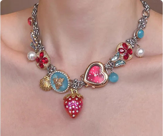 Red titanium steel necklace with strawberry, clock and butterfly charms, 1pc online exclusive accessory