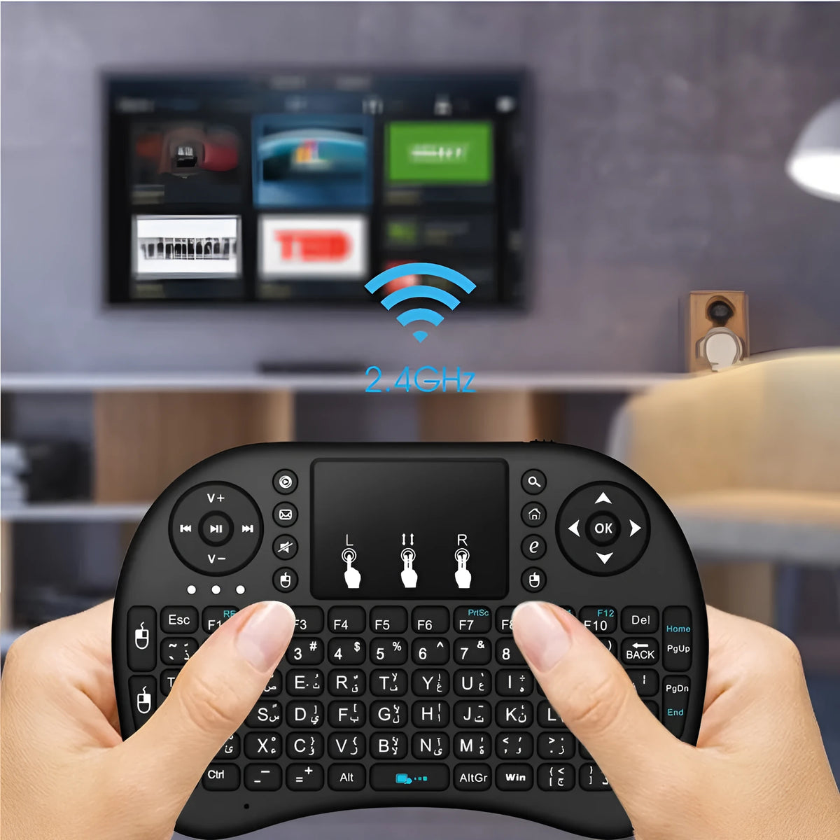 Black wireless mini keyboard with touchpad, dual mouse buttons and QWERTY keys, palm-sized 2.4G air keyboard and mouse