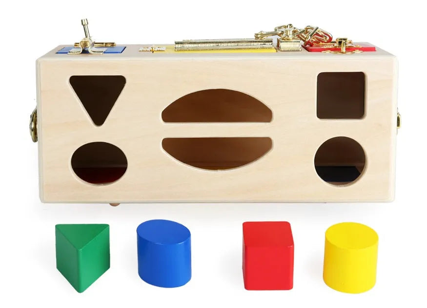 Wooden shape lock box educational toy for preschool children with twelve pieces