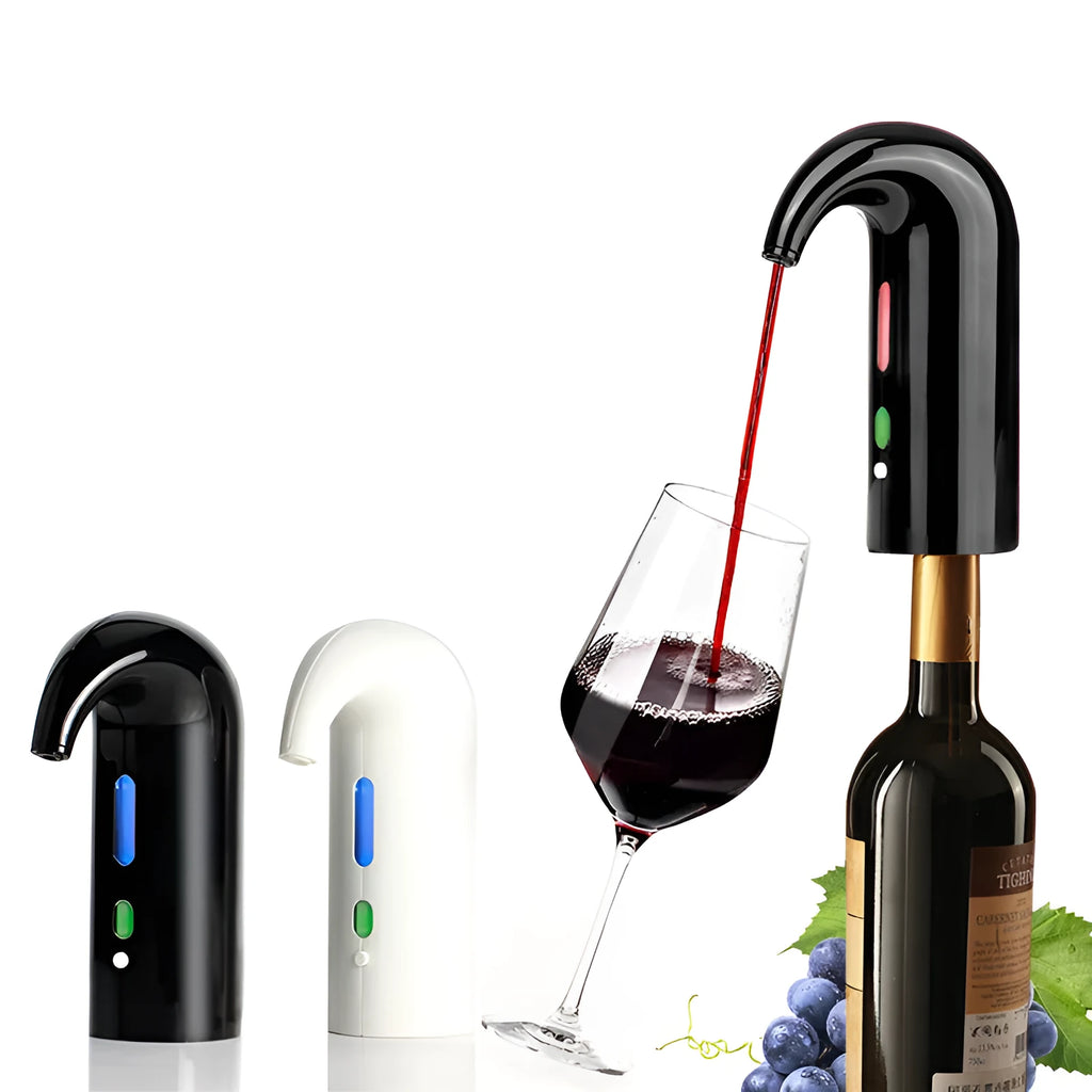 Portable electric wine decanter in black, red, or white with automatic pourer and red light.