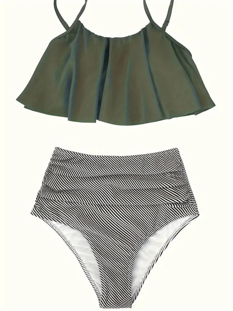 Women's ruffled conservative swimsuit in high-waisted split design with backless briefs styling