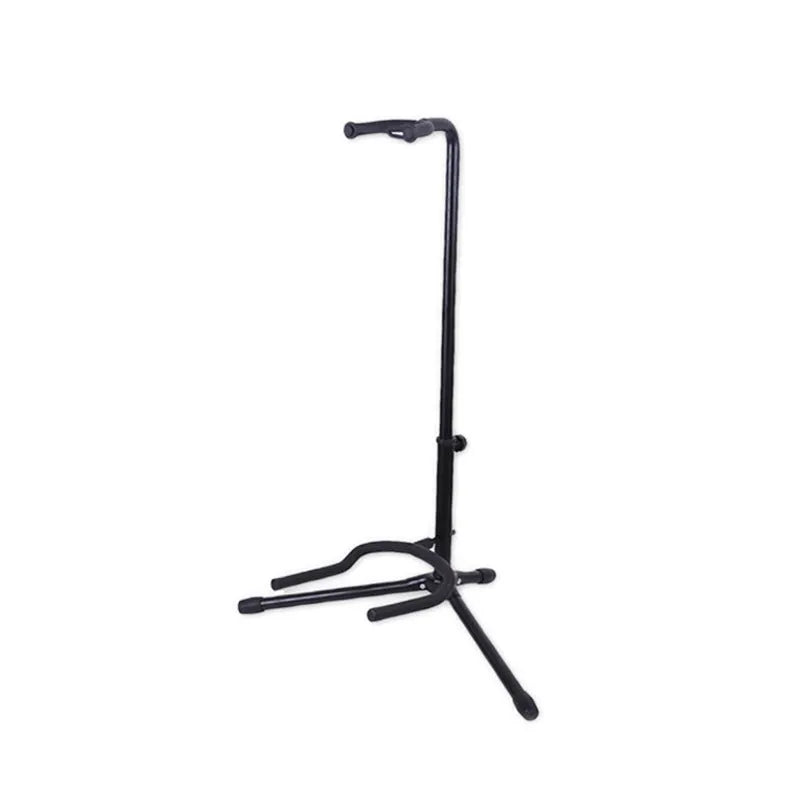 Black foldable metal guitar stand with rubber protective pads, holding a guitar.