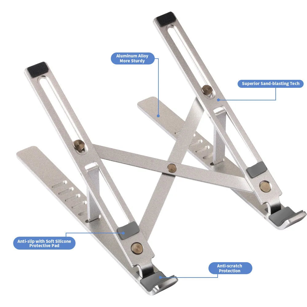 Silver aluminium laptop stand showing six height adjustment positions with laptop elevated