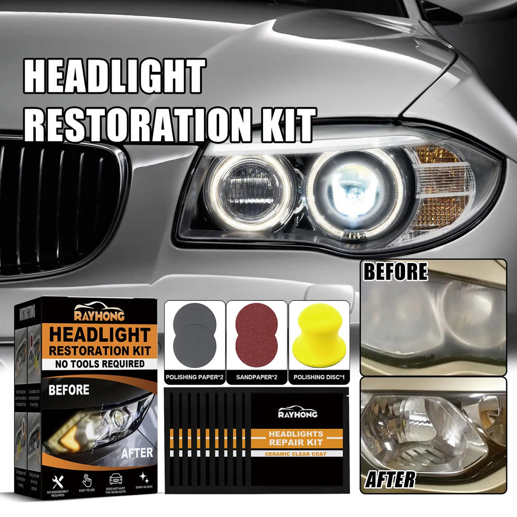 Car ceramic headlight repair kit with wet wipes, polishing paper, sandpaper, and polishing disc