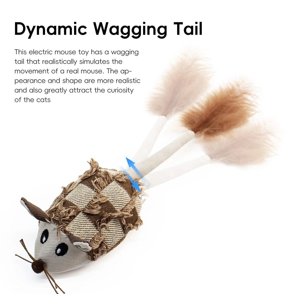 Blue electronic motion cat toy with moving mouse, sound box, and feather attachments for interactive play