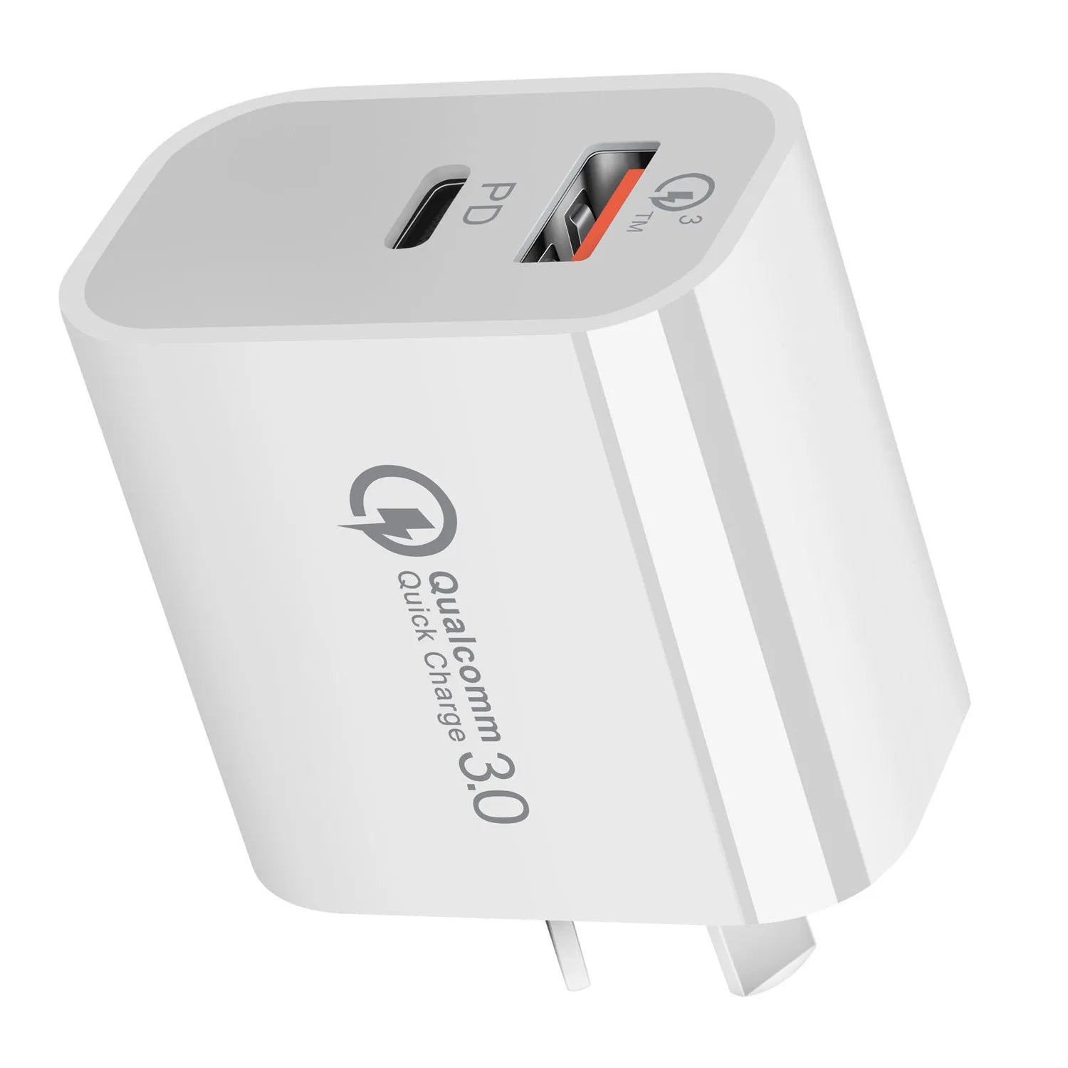 White Australian dual-port USB charger with USB-A and USB-C ports showing Australian plug