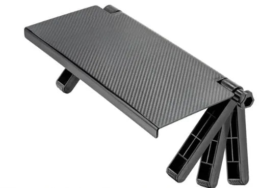 Black adjustable screen top shelf, 13-inch wide, mounted on TV, holding streaming device and remote