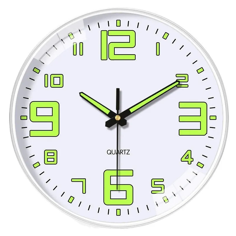 Modern 8 inch luminous wall clock with white numerals on a coloured plastic face.