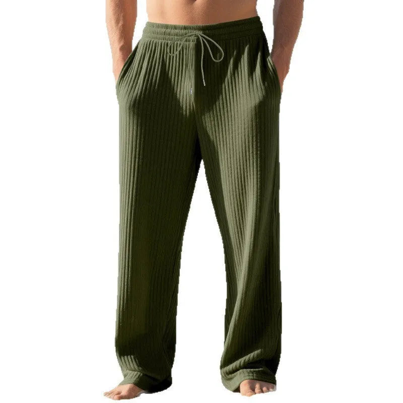 Men's solid colour straight leg trousers with drawstring waist in khaki, side view, size L