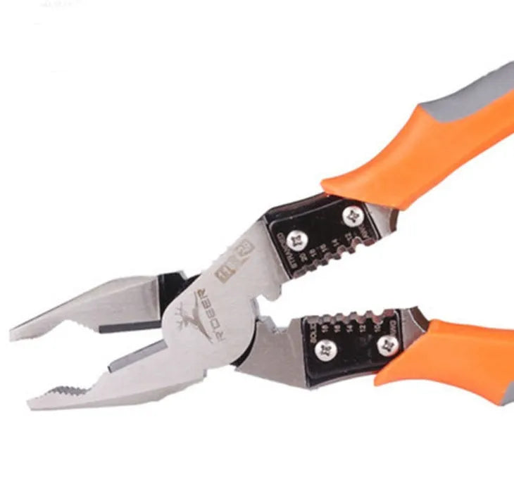 Orange multi-function wire cutter pliers with alloy steel jaws and textured PVC handles.